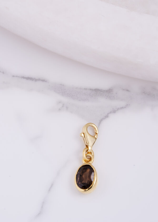 Oval Form Dumanlı Kuvars Altın Kaplama 925® Gümüş Charm